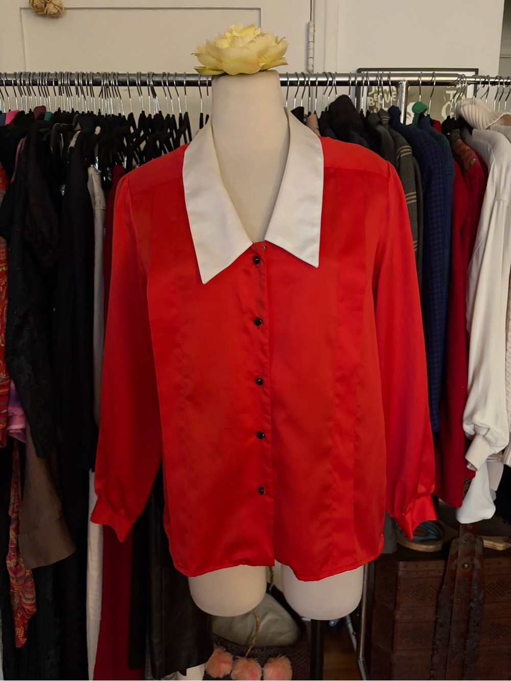 VTG Oscar de la Renta Expressions Red Colorblock Blouse White Collar